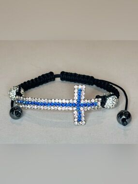 Sideways Cross Bracelet Blue Clear Glass Rhinestones Adjustable Black Cord
